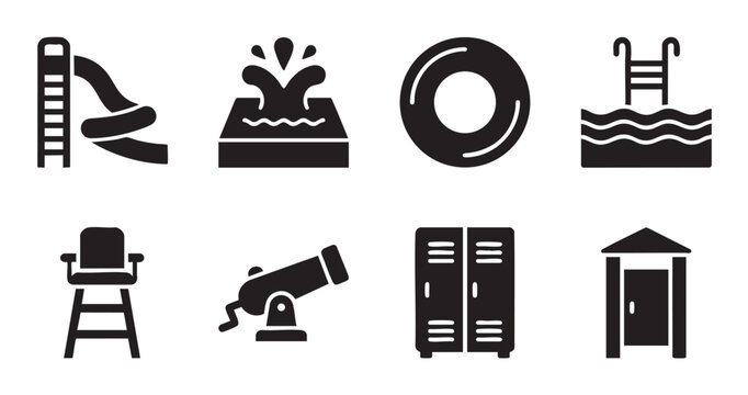 A collection of black flat icons representing summer fun and leisure activities like a waterslide, pool, inflatable ring, and locker room.