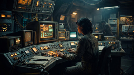 Obraz premium Retro futuristic control room interior with analog technology cinematic lighting and vintage sci fi atmosphere