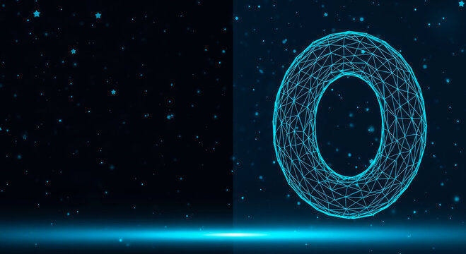 A glowing digital zero symbol floating in a dark cyberspace background with a blue neon light effect.