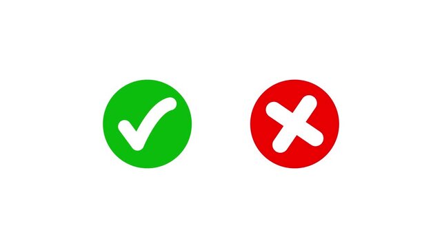 Animated pop-up green check mark and red cross X symbol on transparent background. A checkmark in and out motion graphics animation. Video footage of yes or no, 4k animation video tick.
