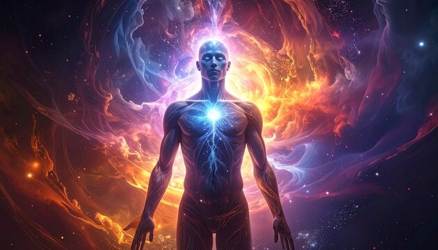 human soul glowing softly in the void, seemingly floating in the waves of a shimmering time tunne