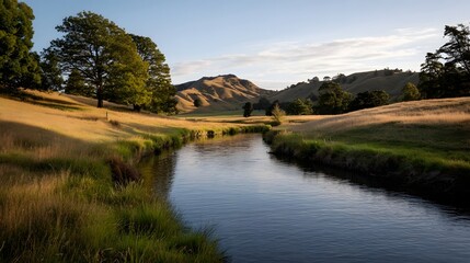 Obraz premium A tranquil landscape featuring rolling green hills trees and a flowing stream under soft morning light