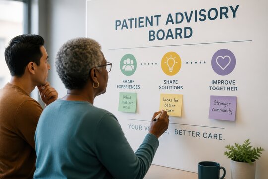 Patient advisory board meeting with two professionals reviewing ideas for better care on a wall display