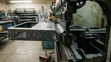 Obraz premium Closeup of steel rackmount amplifier chassis undergoing precision metal forming with industrial machinery highlighting durable construction and structural detailing.