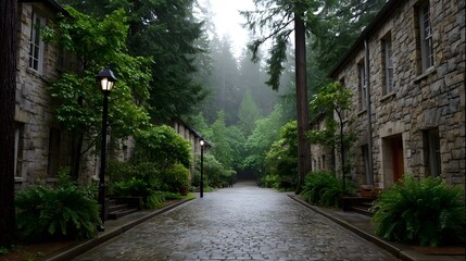 Fototapeta premium An atmospheric view down an old stone paved pathway lined by dense trees and historic architecture shrouded in morning mist