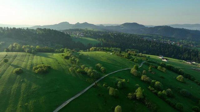 Breathtaking aerial overflight over green mountain ridges revealing Pieniny national park on horizon, fresh spring morning