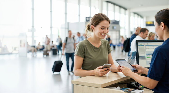 Woman paying for flight ticket at airport counter. Passenger using smartphone for payment. Travel concept