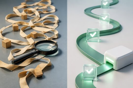 Ecommerce quality control concept with packaging ribbons magnifying glass and delivery verification path