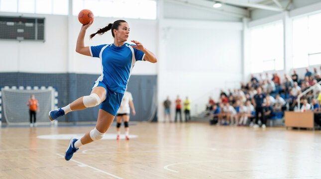 Dynamic female handball player jumping to throw the ball during a match in an indoor arena. Athletic woman in blue uniform performing a jump shot. Competitive sports and action concept