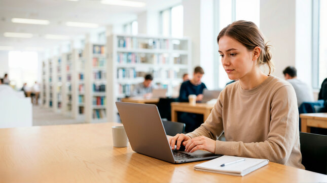 Focused female student using a laptop in a university library. Young woman typing on a computer while studying at a desk. Academic research and online education concept