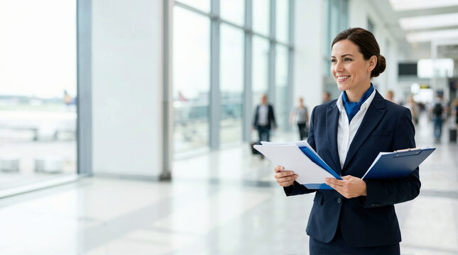 Smiling female flight attendant holding a clipboard and documents in a modern airport terminal. Professional airline staff member in a navy blue uniform. Aviation business and travel concept