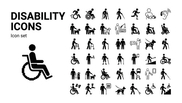 Disability Mobility Silhouette Icon Set Wheelchair User Crutch White Cane Prosthetic Leg Runner Hearing Aid Guide Dog Service Dog Adaptive Inclusive Vector