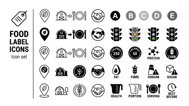 Food Sourcing Nutrition Label Icon Set Locally Sourced Farm To Table Fair Trade Nutri Score Traffic Light Calorie Protein Carb Fat Fibre Sodium Sugar Portion Size Vector
