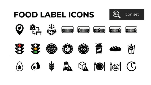 Food Sourcing Nutrition Label Icon Set Locally Sourced Farm To Table Fair Trade Nutri Score Traffic Light Calorie Protein Carb Fat Fibre Sodium Sugar Portion Size Vector