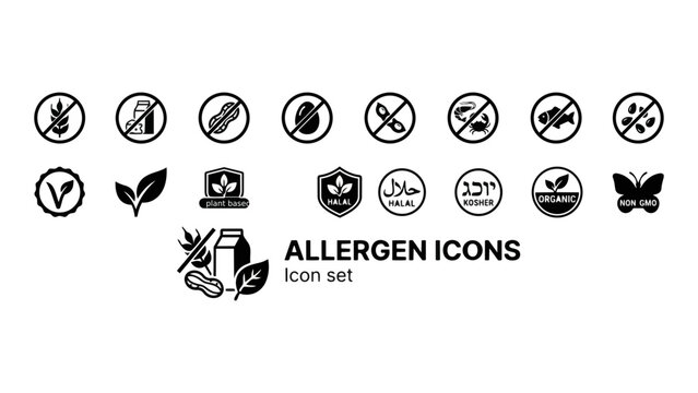 Food Allergen Dietary Certification Icon Set Gluten Dairy Nut Egg Soy Shellfish Fish Sesame Vegan Vegetarian Plant Based Halal Kosher Organic Non GMO Badge Vector
