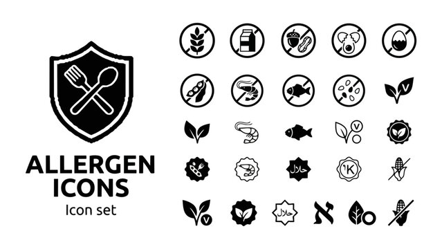 Food Allergen Dietary Certification Icon Set Gluten Dairy Nut Egg Soy Shellfish Fish Sesame Vegan Vegetarian Plant Based Halal Kosher Organic Non GMO Badge Vector