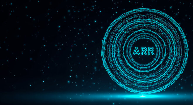 Abstract digital illustration of a glowing ARR sphere with concentric rings, set against a dark starry space backdrop.