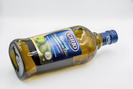 Cirio Riserva Francesco Cirio olive oil bottle closeup on white.