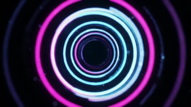 Glowing concentric circles dynamically expand, shift magenta-cyan against a dark digital void in a static wide video, highlighting radial symmetry and depth-of-field bokeh, concept of innovation,