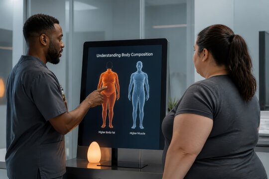 Fitness coach explaining body composition analysis to client on digital screen in modern health consultation
