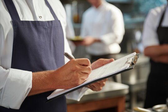 Server checking meal notes on clipboard in professional kitchen