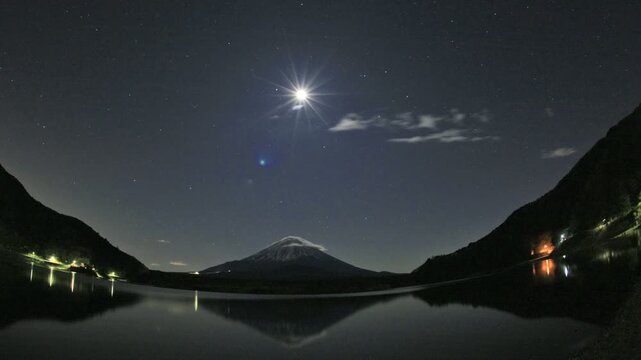 精進湖と富士山と月