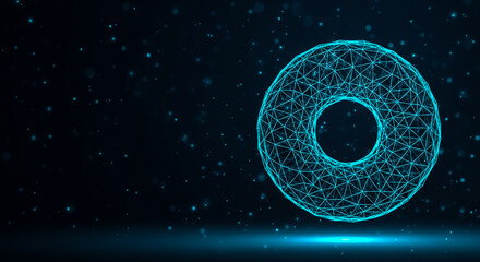 Obraz premium A glowing torus shape floating in dark space with abstract digital patterns and light reflections.