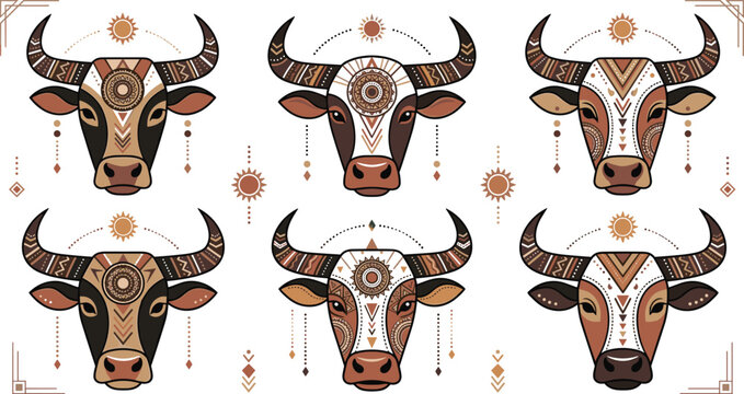 Tribal Bull Head Vector Set Featuring Geometric Mandala Patterns Earthy Terracotta Tones and Celestial Sun Symbols for Boho Ethnic Graphic Designs