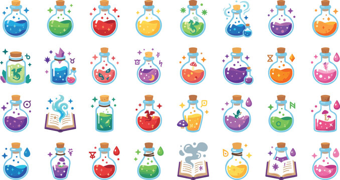 Ultimate Magic Potion Bottle Vector Set Featuring Diverse Elixir Designs Enchanted Spellbooks Dragon Infusions and Alchemical Ingredients for Strategy Game UI Assets