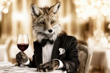 Fototapeta premium Sophisticated fox in a tuxedo holding a glass of red wine at a formal dinner party