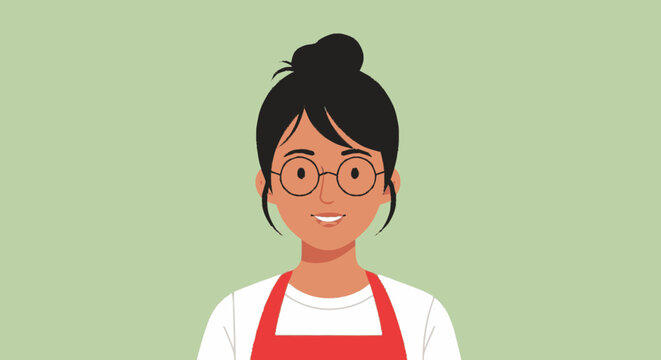 Woman with glasses and apron smiling against a green background