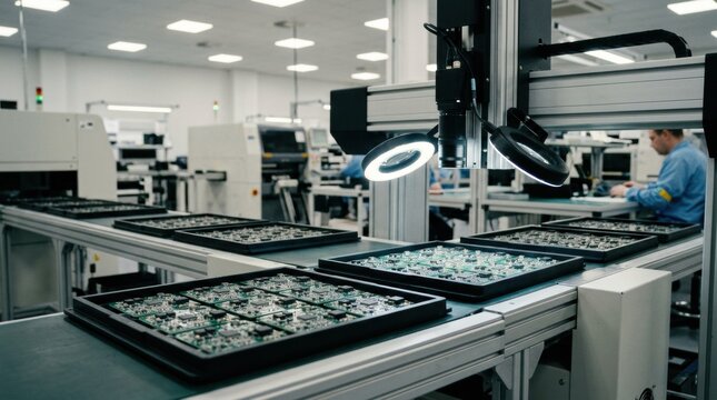 Medium shot capturing batch mode AOI inspection showing trays of PCBs being scanned systematically for missing or misplaced components under controlled conditions.