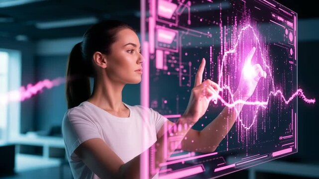 Woman interacting with a futuristic holographic interface displaying data
