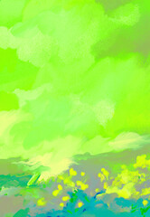 Fototapeta premium Impressionistic Sunshiny or Sunlit Sailboat Seascape Sailing Near Summer Flower Blooms on the Shoreline-Digital Art, Illustration, Painting in Cheerful Yellow, neon lime Green w/Paint & Canvas Texture