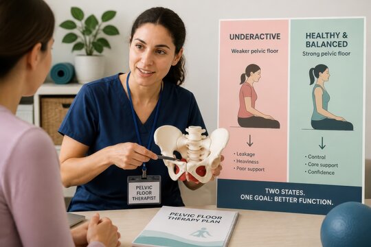Pelvic floor therapy consultation with female healthcare professional and anatomy model in clinic office with educational poster