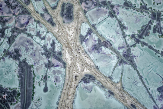Macro of unique tinguaite rock polished surface from Khibiny with X-shaped albite vein system, structural microfaults and mineral zoning from magma crystallization, 15 mm field of view