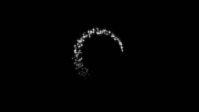 Magical glittering particle star trail spinning and glowing on black background loop motion graphics animation for overlay visual effects transitions and creative video.