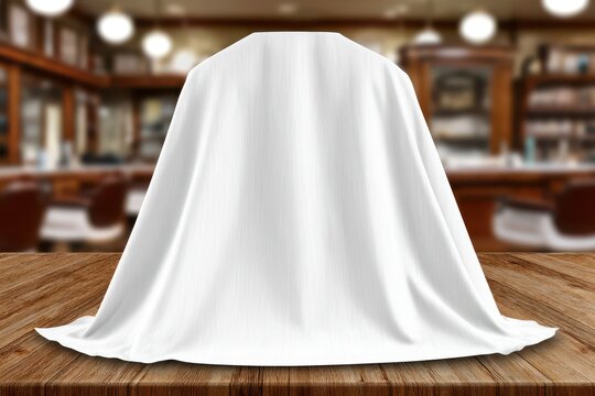 A white cloth draped over an object on a wooden table in a barber shop