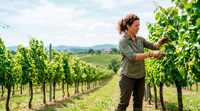 Female farmer trimming grapevines with pruning shears in vineyard. Woman working in agricultural field on sunny day. Viticulture and organic farming concept