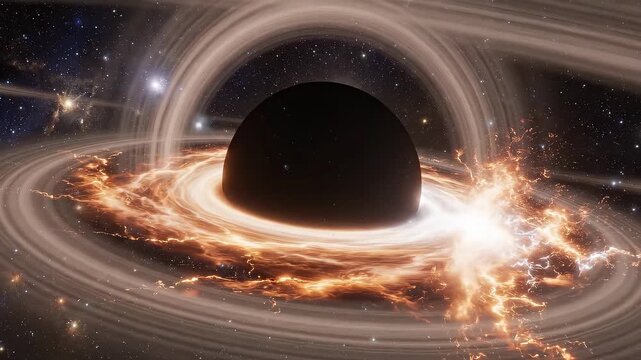 Cosmic black hole with swirling accretion disc and glowing light in a starry galaxy scene
