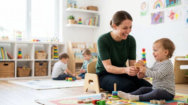Smiling woman playing with a toddler in a bright daycare center. Happy caregiver or mother interacting with a child on a playroom floor