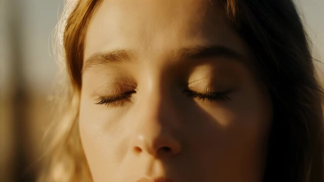 Slow dolly close up of young woman looking upward with soft sunlight in golden meadow at sunset outdoors