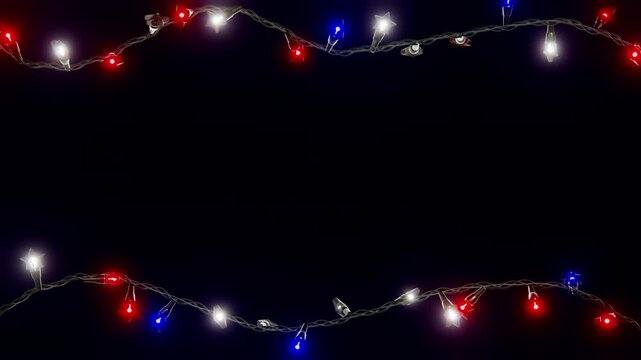 Horizontal 3D Independence Day 4th July LED fairy stars lights garland frame border patriotic USA America holiday freedom celebration red white blue glowing loop animation string bulbs festive banner