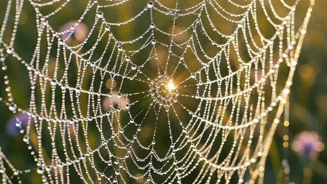 Dewdrops on Spiderweb in Morning Sunlight Macro Shot.