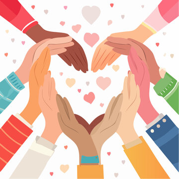 Diverse Hands Forming Heart Shape with Hearts Background