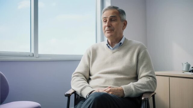 Static shot of middle aged man speaking and gesturing while seated in office by window during daytime interview