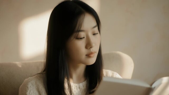 Static shot of young asian woman reading book and turning pages on sofa in cozy living room during daytime