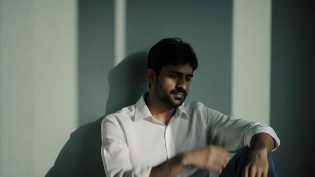 Static still close up of man sitting and leaning against interior wall in quiet afternoon room with soft shadow lighting