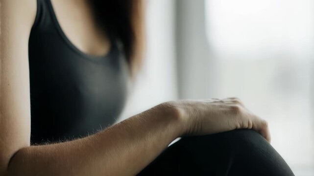 Slow panning shot of woman resting hand on knee in indoor studio by window during morning