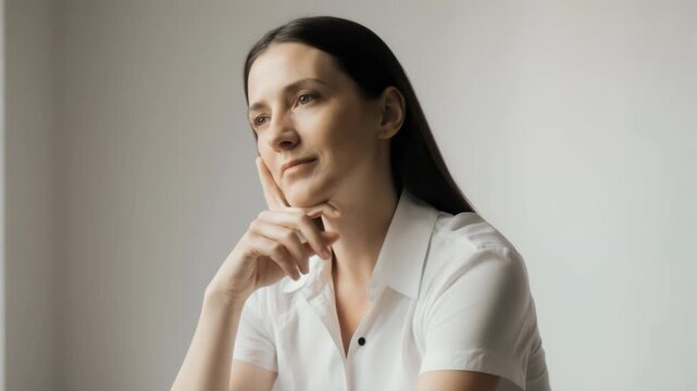 Slow motion panning shot of woman sitting and pondering by window in minimalist indoor setting with soft natural light